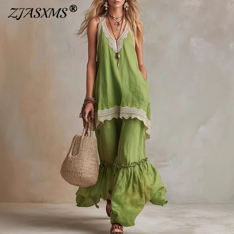 Elastic Lace Trim - Damen Spitzenbesatz 2-teiliges Set V-Ausschnitt Ärmelloses