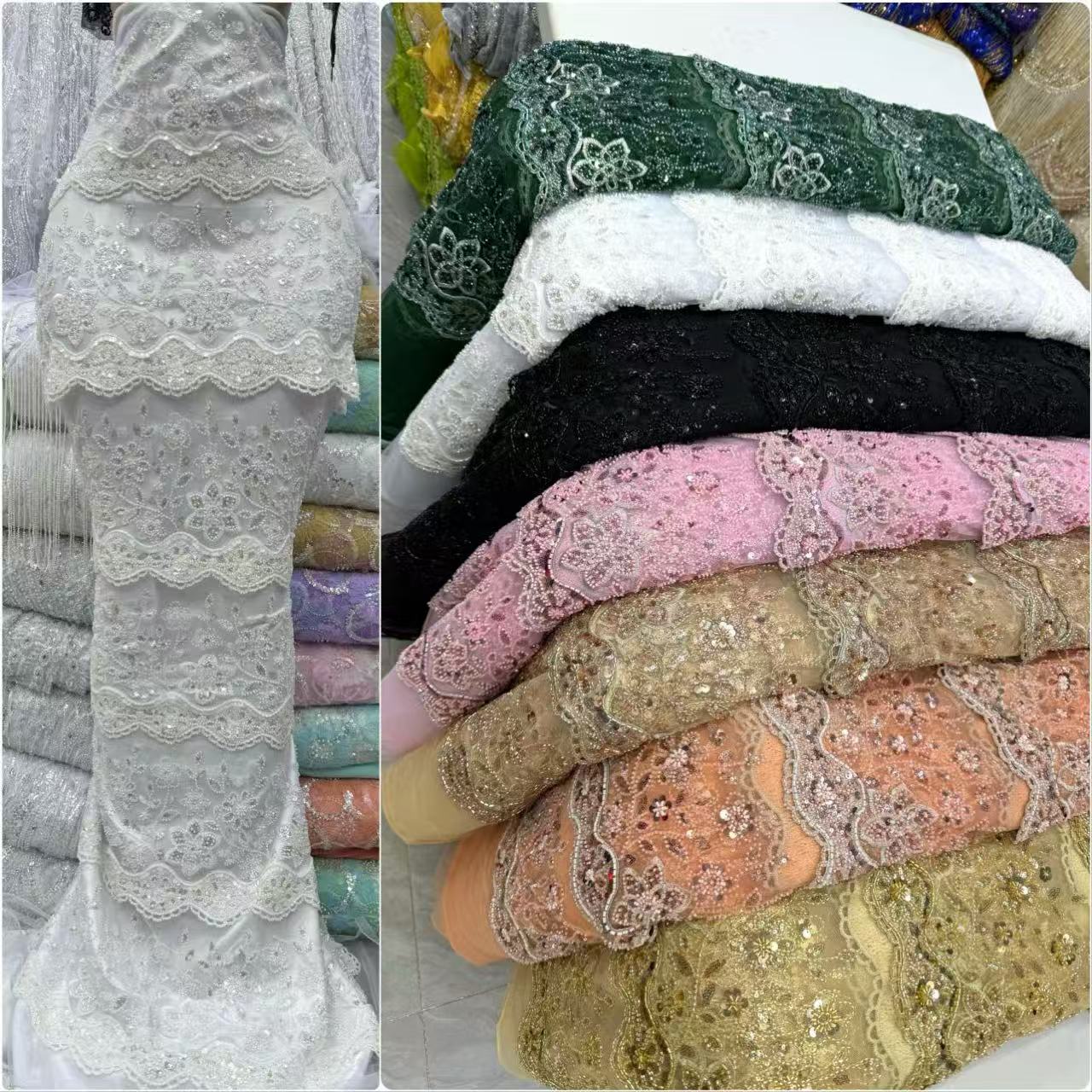 Guipure Lace Panel - Afrikanischer Perlen-Spitzenstoff Hochwertiges Nigerianisches Pailletten-Hochzeitskleid-Material Geeignet