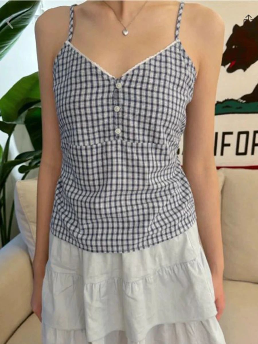 Marineblaue karierte Tank-Shor – Elastic Lace Trim Bewertung und Preis